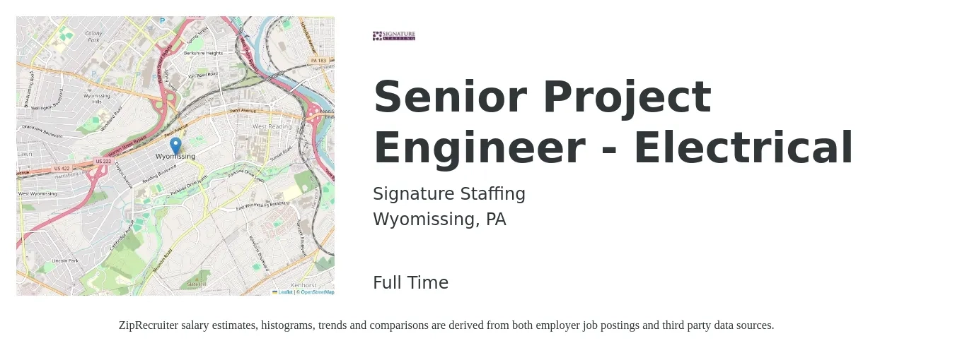 Signature Staffing job posting for a Senior Project Engineer - Electrical in Wyomissing, PA with a salary of $103,500 to $134,800 Yearly with a map of Wyomissing location.