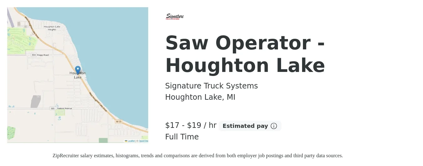 Signature Truck Systems job posting for a Saw Operator - Houghton Lake in Houghton Lake, MI with a salary of $18 to $20 Hourly with a map of Houghton Lake location.
