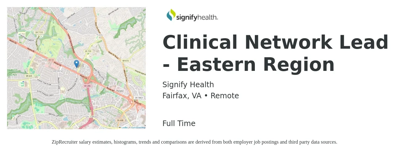 Signify Health job posting for a Clinical Network Lead - Eastern Region in Fairfax, VA with a salary of $61,300 to $92,000 Yearly with a map of Fairfax location.