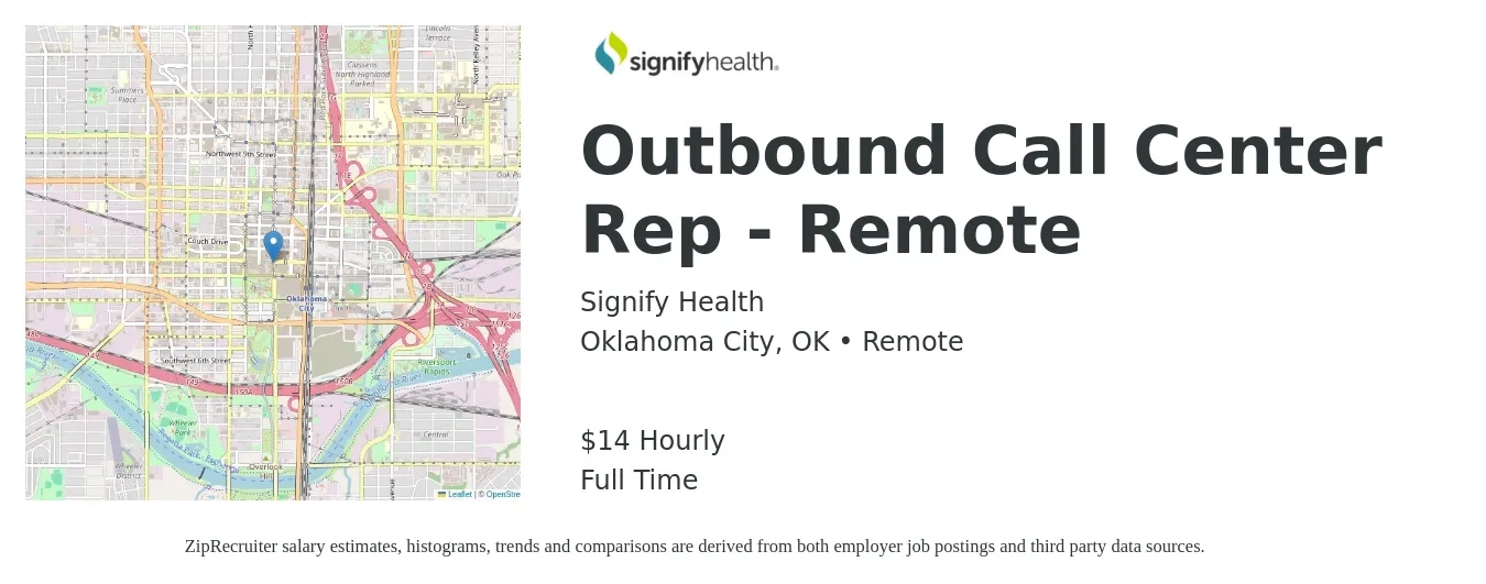 Signify Health job posting for a Outbound Call Center Rep - Remote in Oklahoma City, OK with a salary of $15 Hourly with a map of Oklahoma City location.