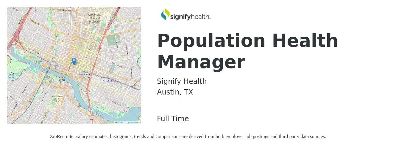 Signify Health job posting for a Population Health Manager in Austin, TX with a salary of $144,700 Yearly with a map of Austin location.