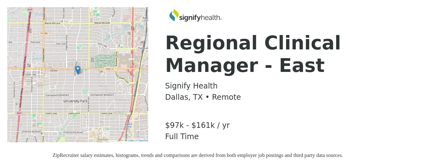Signify Health job posting for a Regional Clinical Manager - East in Dallas, TX with a salary of $97,000 to $161,000 Yearly with a map of Dallas location.