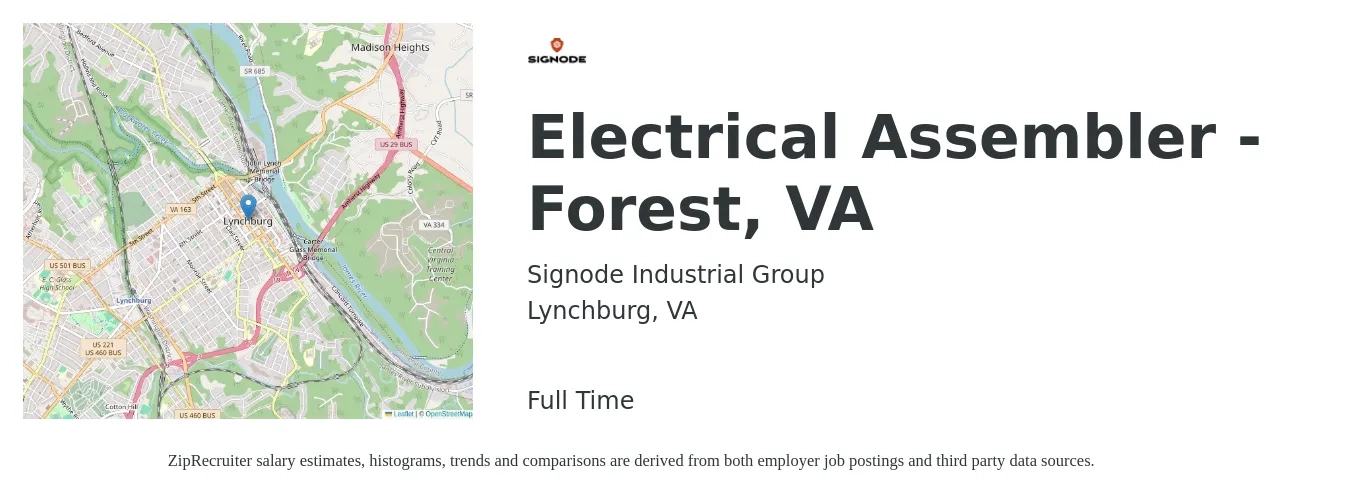 Signode Industrial Group job posting for a Electrical Assembler - Forest, VA in Lynchburg, VA with a salary of $17 to $22 Hourly with a map of Lynchburg location.