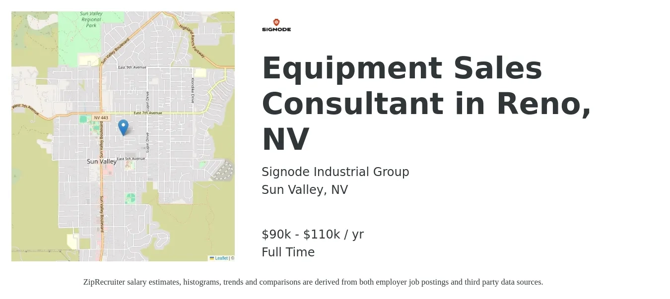 Signode Industrial Group job posting for a Equipment Sales Consultant in Reno, NV in Sun Valley, NV with a salary of $90,000 to $110,000 Yearly with a map of Sun Valley location.