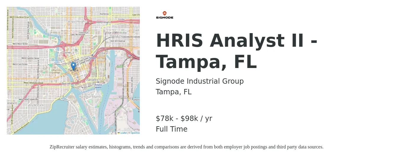 Signode Industrial Group job posting for a HRIS Analyst II - Tampa, FL in Tampa, FL with a salary of $78,000 to $98,250 Yearly with a map of Tampa location.
