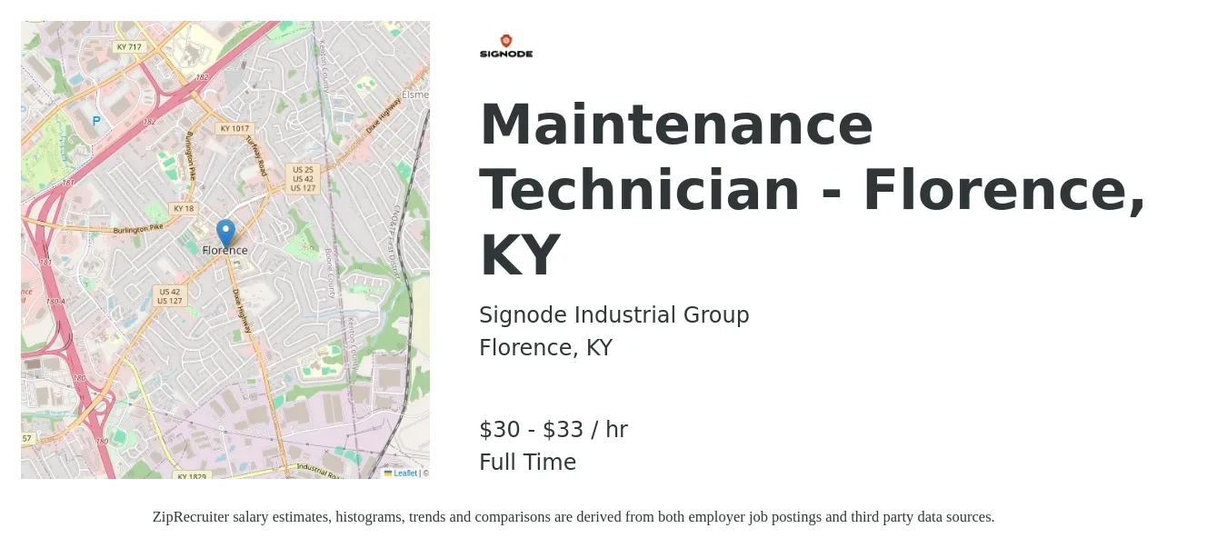 Signode Industrial Group job posting for a Maintenance Technician - Florence, KY in Florence, KY with a salary of $19 to $26 Hourly with a map of Florence location.