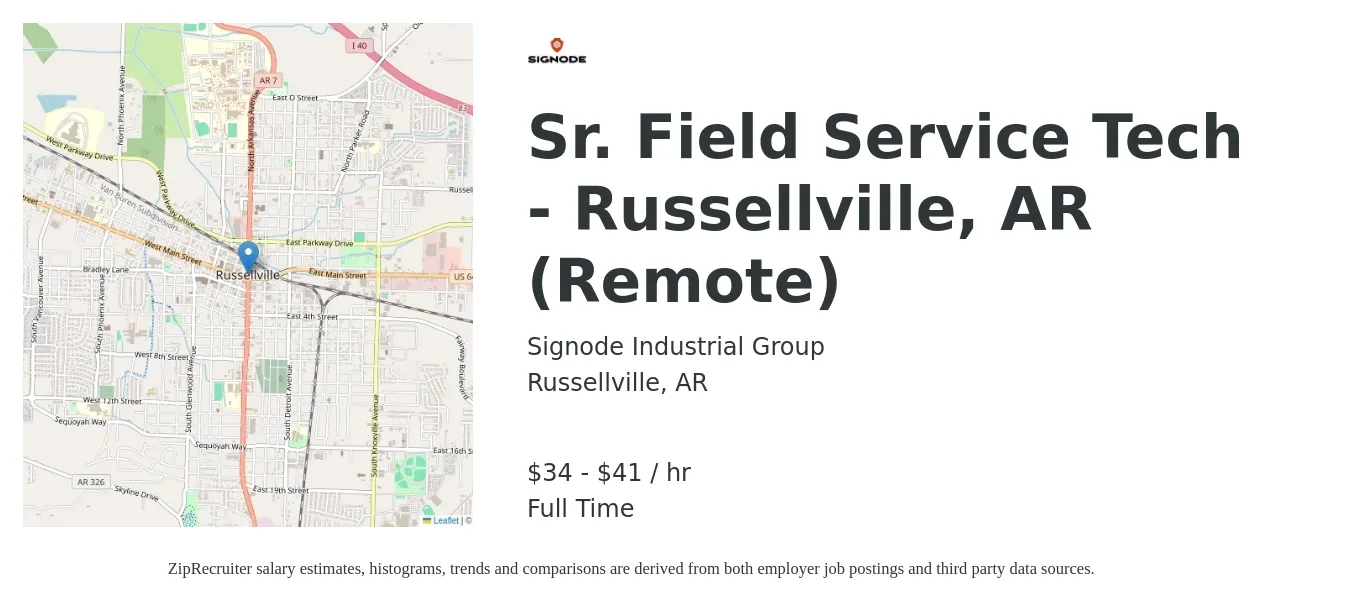 Signode Industrial Group job posting for a Sr. Field Service Tech - Russellville, AR (Remote) in Russellville, AR with a salary of $36 to $43 Hourly with a map of Russellville location.