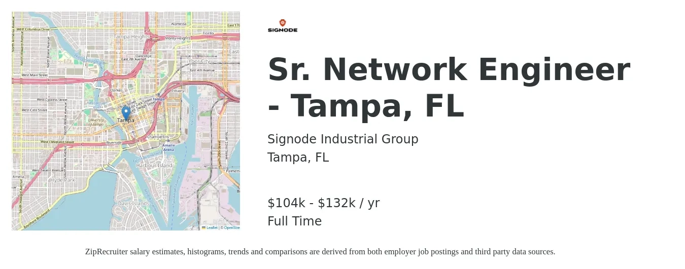 Signode Industrial Group job posting for a Sr. Network Engineer - Tampa, FL in Tampa, FL with a salary of $104,930 to $132,682 Yearly with a map of Tampa location.