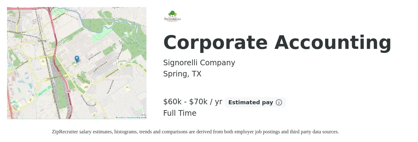 Signorelli Company job posting for a Corporate Accounting in Spring, TX with a salary of $60,000 to $70,000 Yearly with a map of Spring location.