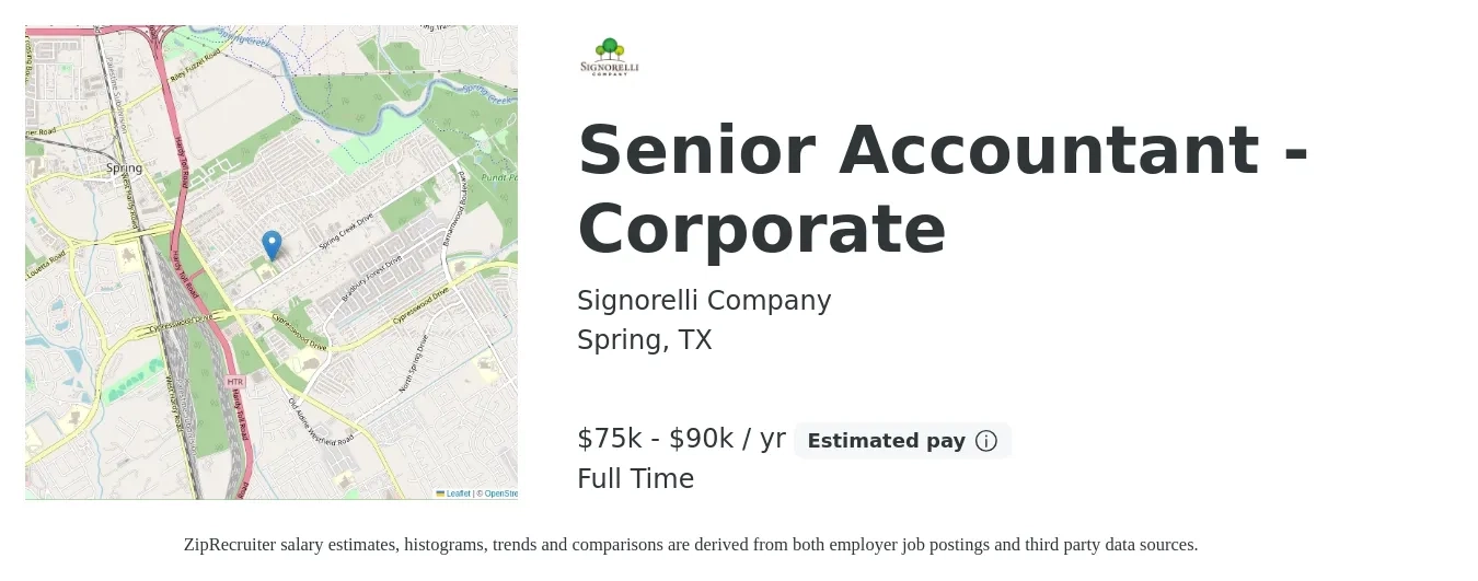 Signorelli Company job posting for a Senior Accountant - Corporate in Spring, TX with a salary of $75,000 to $90,000 Yearly with a map of Spring location.