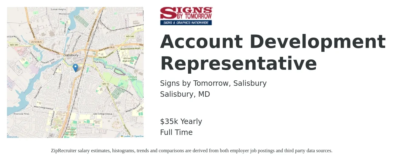 Signs by Tomorrow, Salisbury job posting for a Account Development Representative in Salisbury, MD with a salary of $35,000 Yearly with a map of Salisbury location.