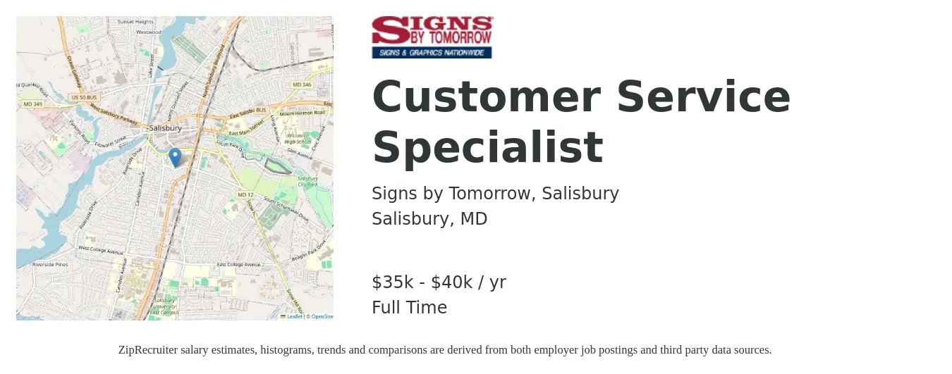 Signs by Tomorrow, Salisbury job posting for a Customer Service Specialist in Salisbury, MD with a salary of $35,000 to $40,000 Yearly with a map of Salisbury location.