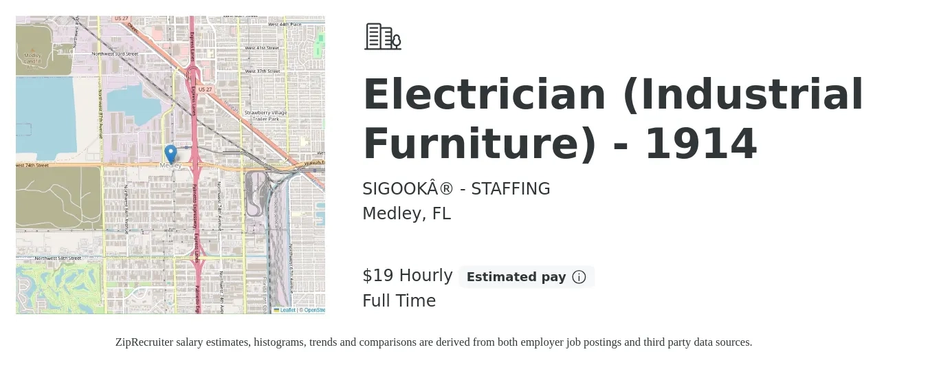 SIGOOK® - STAFFING job posting for a Electrician (Industrial Furniture) - 1914 in Medley, FL with a salary of $20 Hourly with a map of Medley location.
