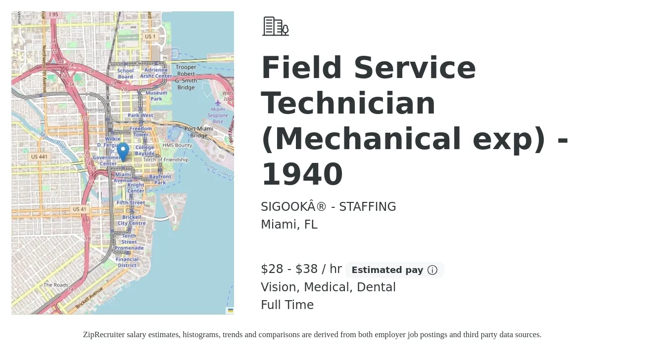 SIGOOK® - STAFFING job posting for a Field Service Technician (Mechanical exp) - 1940 in Miami, FL with a salary of $30 to $40 Hourly and benefits including retirement, vision, dental, life_insurance, medical, and pto with a map of Miami location.