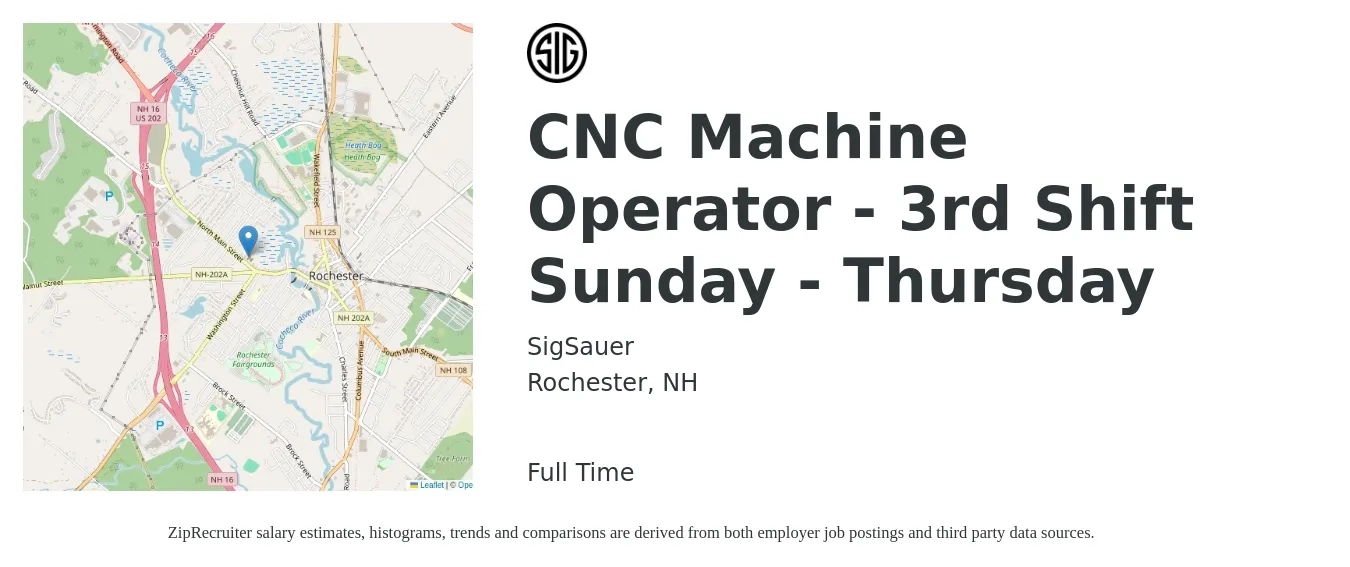 SigSauer job posting for a CNC Machine Operator - 3rd Shift Sunday - Thursday in Rochester, NH with a salary of $20 to $28 Hourly with a map of Rochester location.