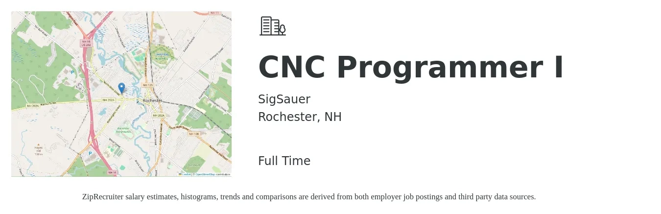 SigSauer job posting for a CNC Programmer I in Rochester, NH with a salary of $26 to $36 Hourly with a map of Rochester location.