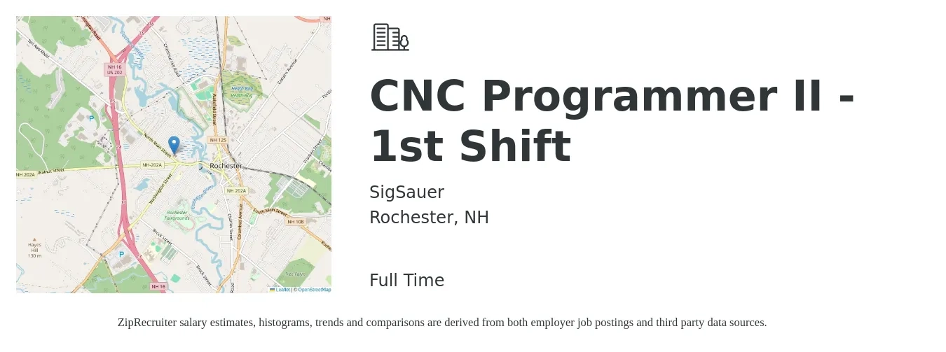 SigSauer job posting for a CNC Programmer II - 1st Shift in Rochester, NH with a salary of $26 to $36 Hourly with a map of Rochester location.