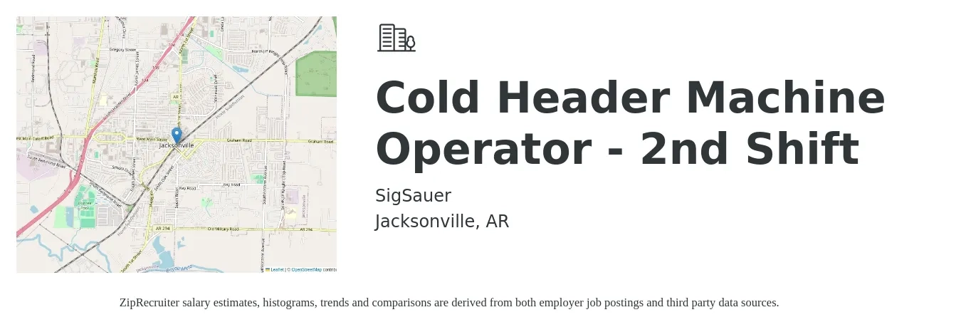 SigSauer job posting for a Cold Header Machine Operator - 2nd Shift in Jacksonville, AR with a salary of $20 to $29 Hourly with a map of Jacksonville location.