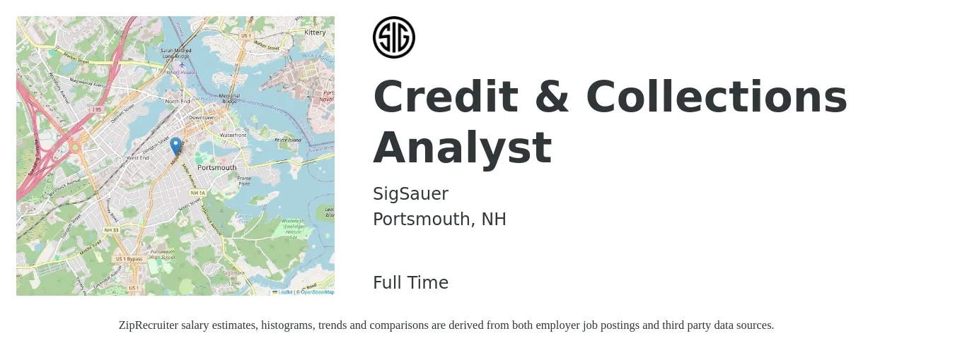 SigSauer job posting for a Credit & Collections Analyst in Portsmouth, NH with a salary of $24 to $32 Hourly with a map of Portsmouth location.