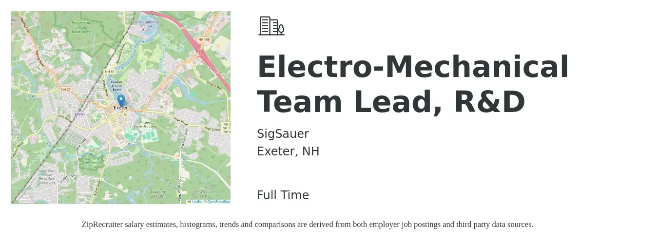 SigSauer job posting for a Electro-Mechanical Team Lead, R&D in Exeter, NH with a salary of $72,200 to $106,300 Yearly with a map of Exeter location.