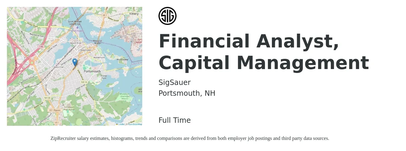SigSauer job posting for a Financial Analyst, Capital Management in Portsmouth, NH with a salary of $71,300 to $112,600 Yearly with a map of Portsmouth location.