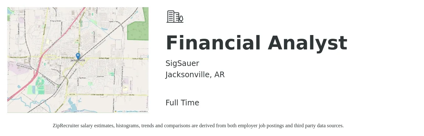 SigSauer job posting for a Financial Analyst in Jacksonville, AR with a salary of $62,400 to $98,500 Yearly with a map of Jacksonville location.