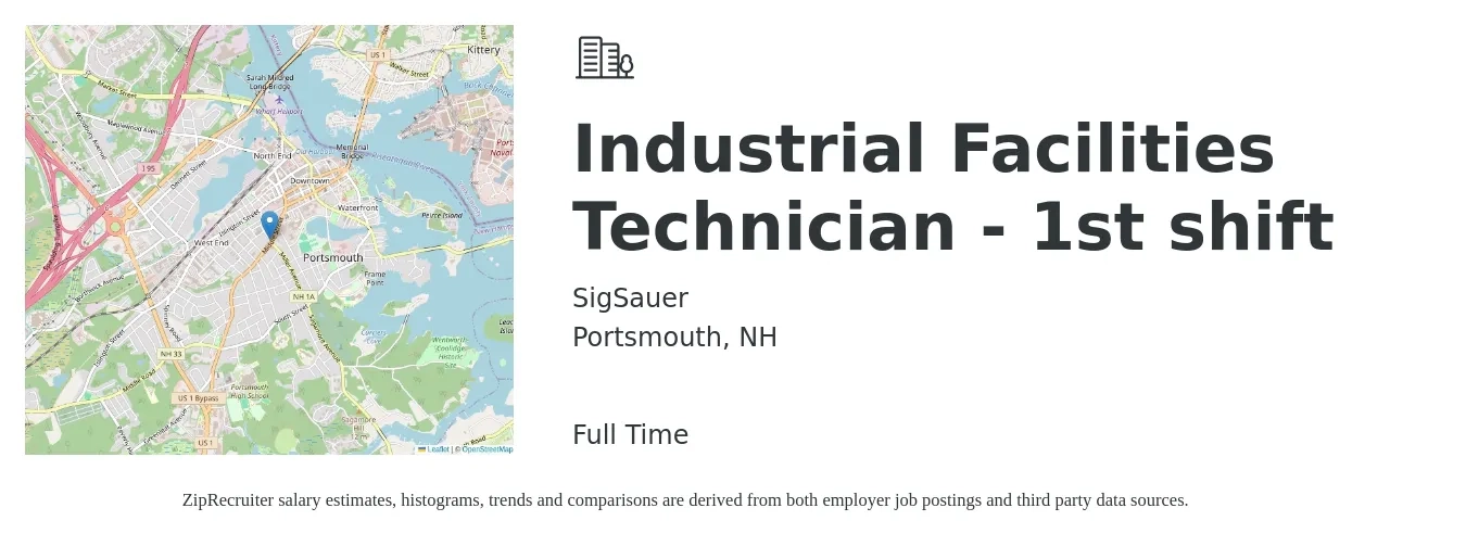 SigSauer job posting for a Industrial Facilities Technician - 1st shift in Portsmouth, NH with a salary of $20 to $28 Hourly with a map of Portsmouth location.