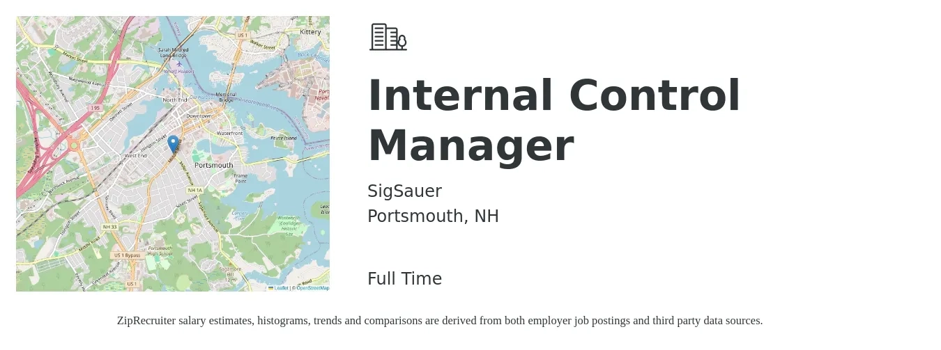 SigSauer job posting for a Internal Control Manager in Portsmouth, NH with a salary of $102,900 to $173,200 Yearly with a map of Portsmouth location.