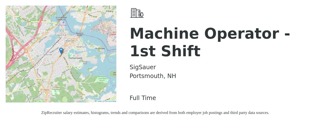 SigSauer job posting for a Machine Operator - 1st Shift in Portsmouth, NH with a salary of $17 to $21 Hourly with a map of Portsmouth location.