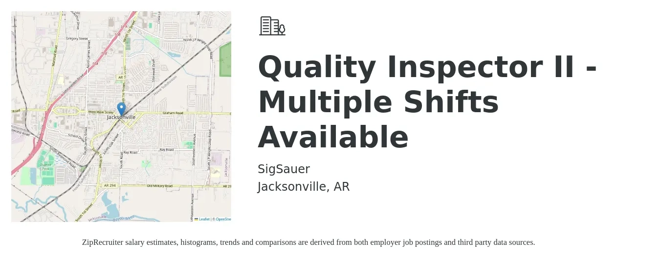 SigSauer job posting for a Quality Inspector II - Multiple Shifts Available in Jacksonville, AR with a salary of $15 to $22 Hourly with a map of Jacksonville location.