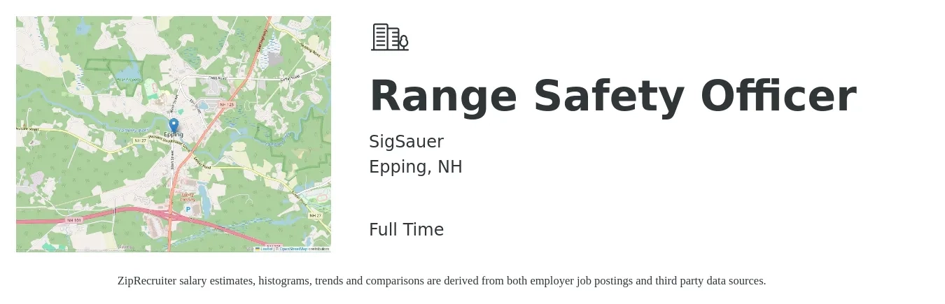 SigSauer job posting for a Range Safety Officer in Epping, NH with a salary of $48,800 to $82,200 Yearly with a map of Epping location.