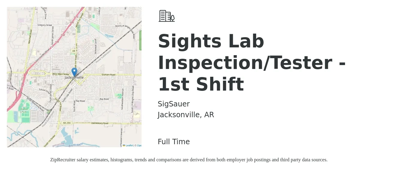 SigSauer job posting for a Sights Lab Inspection/Tester - 1st Shift in Jacksonville, AR with a salary of $41 to $44 Hourly with a map of Jacksonville location.