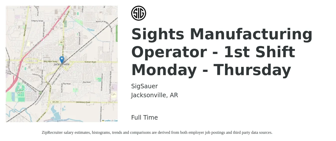 SIG Sauer job posting for a Sights Manufacturing Operator - 1st Shift Monday - Thursday in Jacksonville, AR with a salary of $16 to $19 Hourly with a map of Jacksonville location.