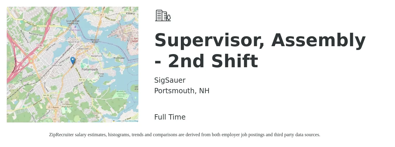 SigSauer job posting for a Supervisor, Assembly - 2nd Shift in Portsmouth, NH with a salary of $26 to $39 Hourly with a map of Portsmouth location.