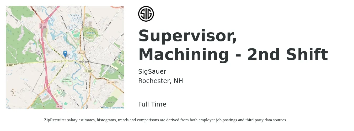 SigSauer job posting for a Supervisor, Machining - 2nd Shift in Rochester, NH with a salary of $61,800 to $83,900 Yearly with a map of Rochester location.