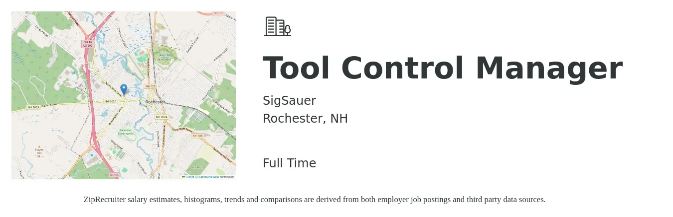 SigSauer job posting for a Tool Control Manager in Rochester, NH with a salary of $49,000 to $106,400 Yearly with a map of Rochester location.