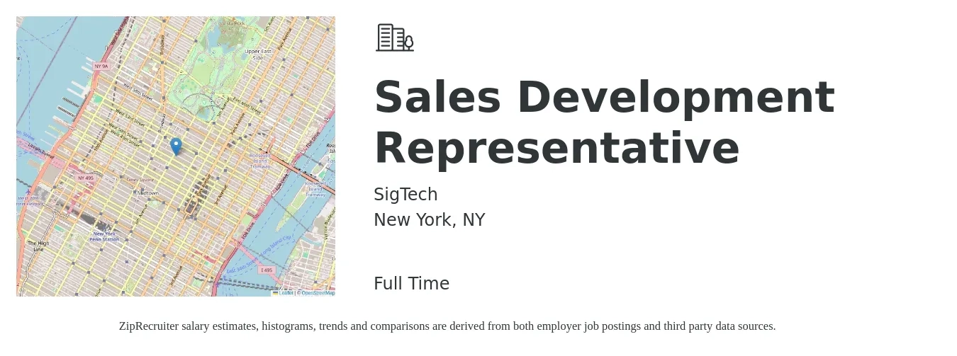 SigTech job posting for a Sales Development Representative in New York, NY with a salary of $46,000 to $66,900 Yearly with a map of New York location.