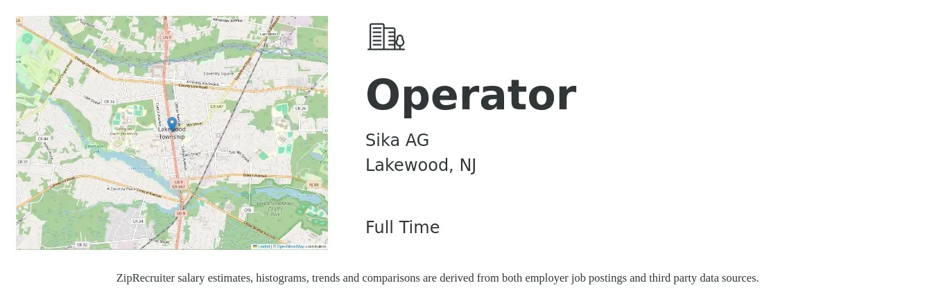 Sika AG job posting for a Operator in Lakewood, NJ with a salary of $18 to $24 Hourly with a map of Lakewood location.
