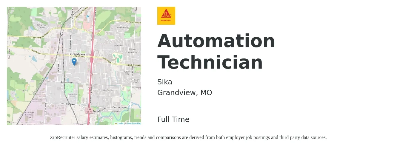 Sika job posting for a Automation Technician in Grandview, MO with a salary of $41,200 Yearly with a map of Grandview location.