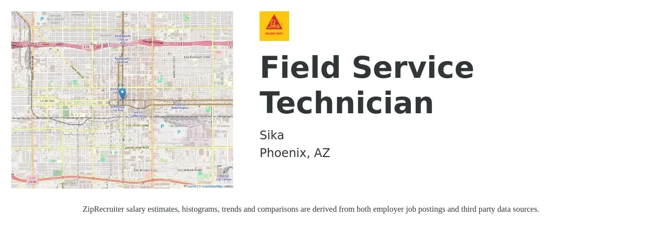 Sika job posting for a Field Service Technician in Phoenix, AZ with a salary of $20 to $30 Hourly with a map of Phoenix location.