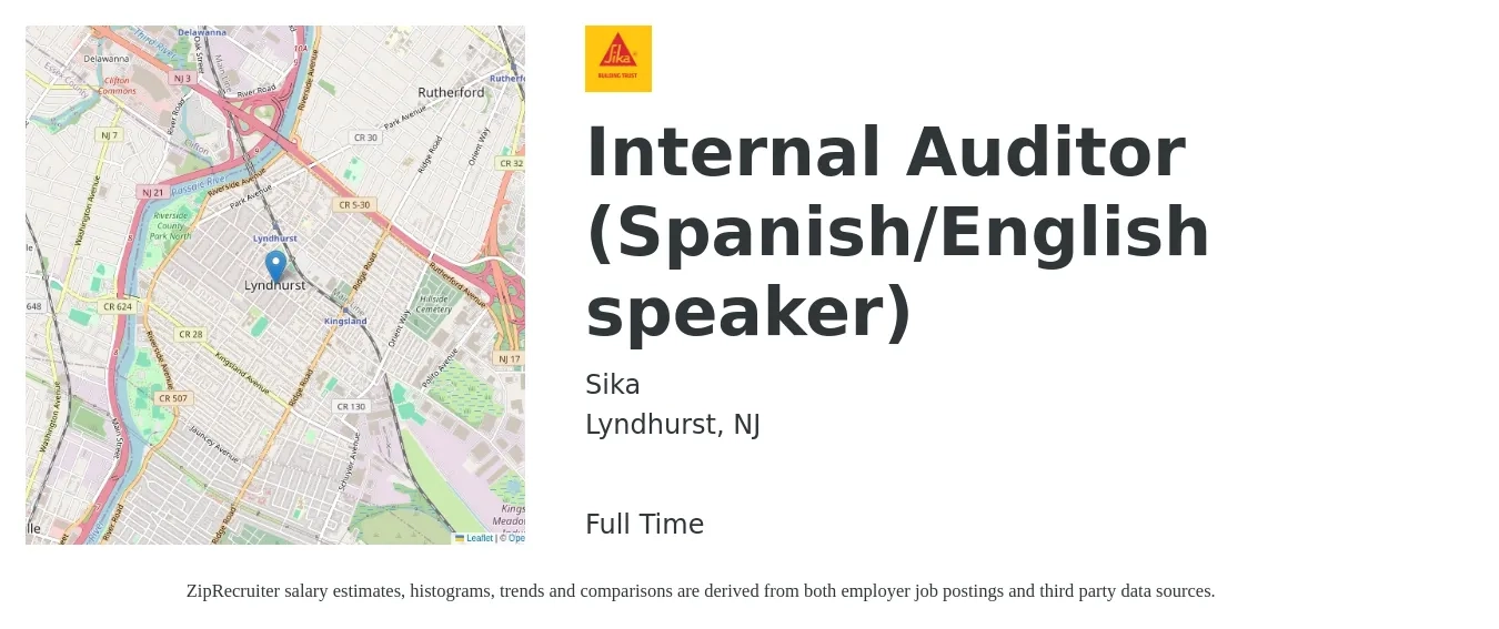 Sika job posting for a Internal Auditor (Spanish/English speaker) in Lyndhurst, NJ with a salary of $60,600 to $91,600 Yearly with a map of Lyndhurst location.