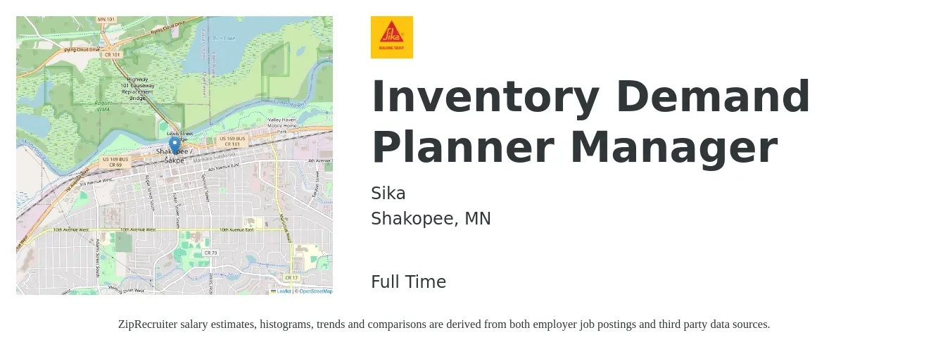 Sika job posting for a Inventory Demand Planner Manager in Shakopee, MN with a salary of $91,900 to $128,300 Yearly with a map of Shakopee location.