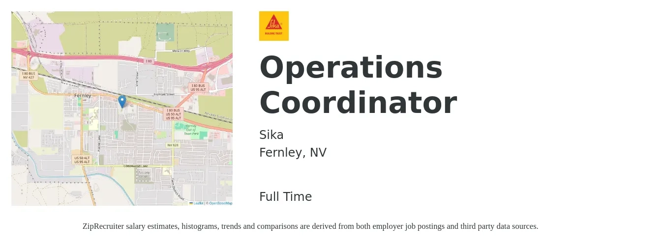 Sika job posting for a Operations Coordinator in Fernley, NV with a salary of $22 to $30 Hourly with a map of Fernley location.
