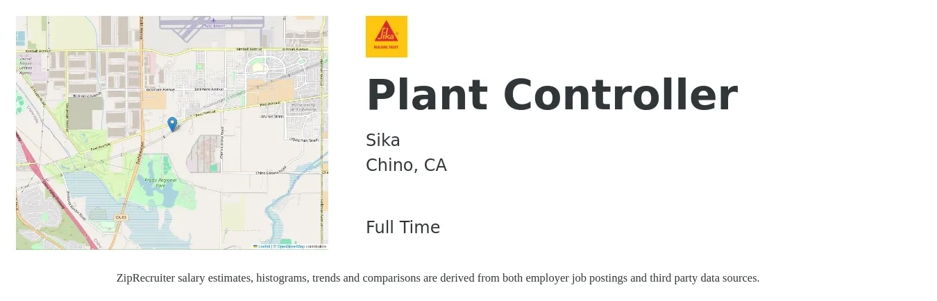 Sika job posting for a Plant Controller in Chino, CA with a salary of $189,446 Yearly with a map of Chino location.