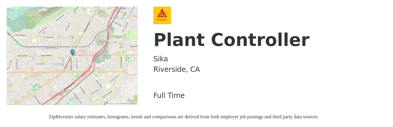Sika job posting for a Plant Controller in Riverside, CA with a salary of $111,600 to $138,800 Yearly with a map of Riverside location.