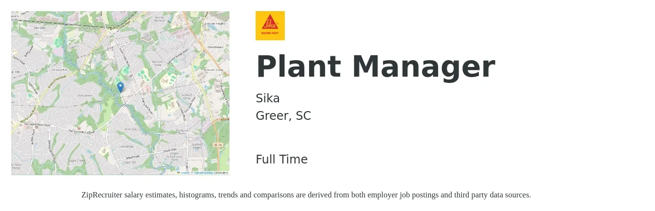Sika job posting for a Plant Manager in Greer, SC with a salary of $87,500 to $135,100 Yearly with a map of Greer location.