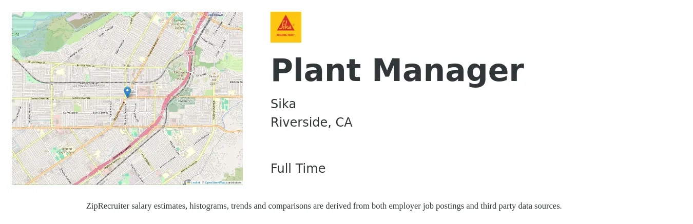 Sika job posting for a Plant Manager in Riverside, CA with a salary of $94,900 to $146,600 Yearly with a map of Riverside location.
