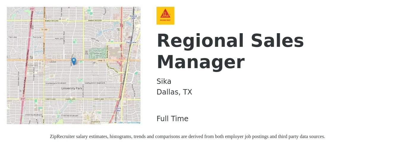 Sika job posting for a Regional Sales Manager in Dallas, TX with a salary of $71,200 to $111,300 Yearly with a map of Dallas location.