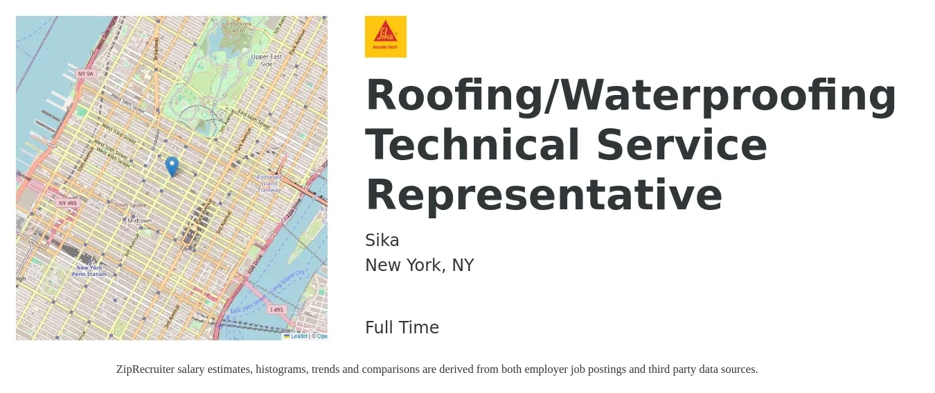 Sika job posting for a Roofing/Waterproofing Technical Service Representative in New York, NY with a salary of $22 to $36 Hourly with a map of New York location.