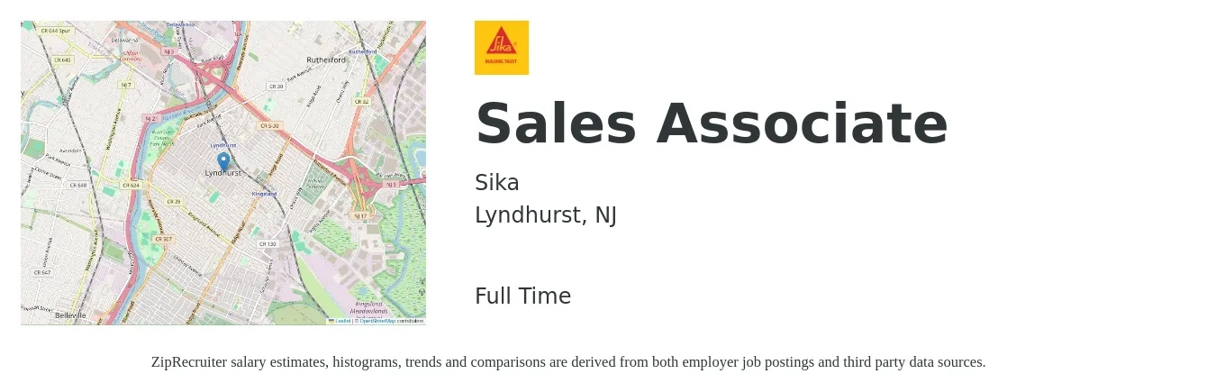Sika job posting for a Sales Associate in Lyndhurst, NJ with a salary of $14 to $19 Hourly with a map of Lyndhurst location.